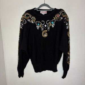 Vintage Lady Priscilla Black Wool Sweater with Colorful Embellishments Small